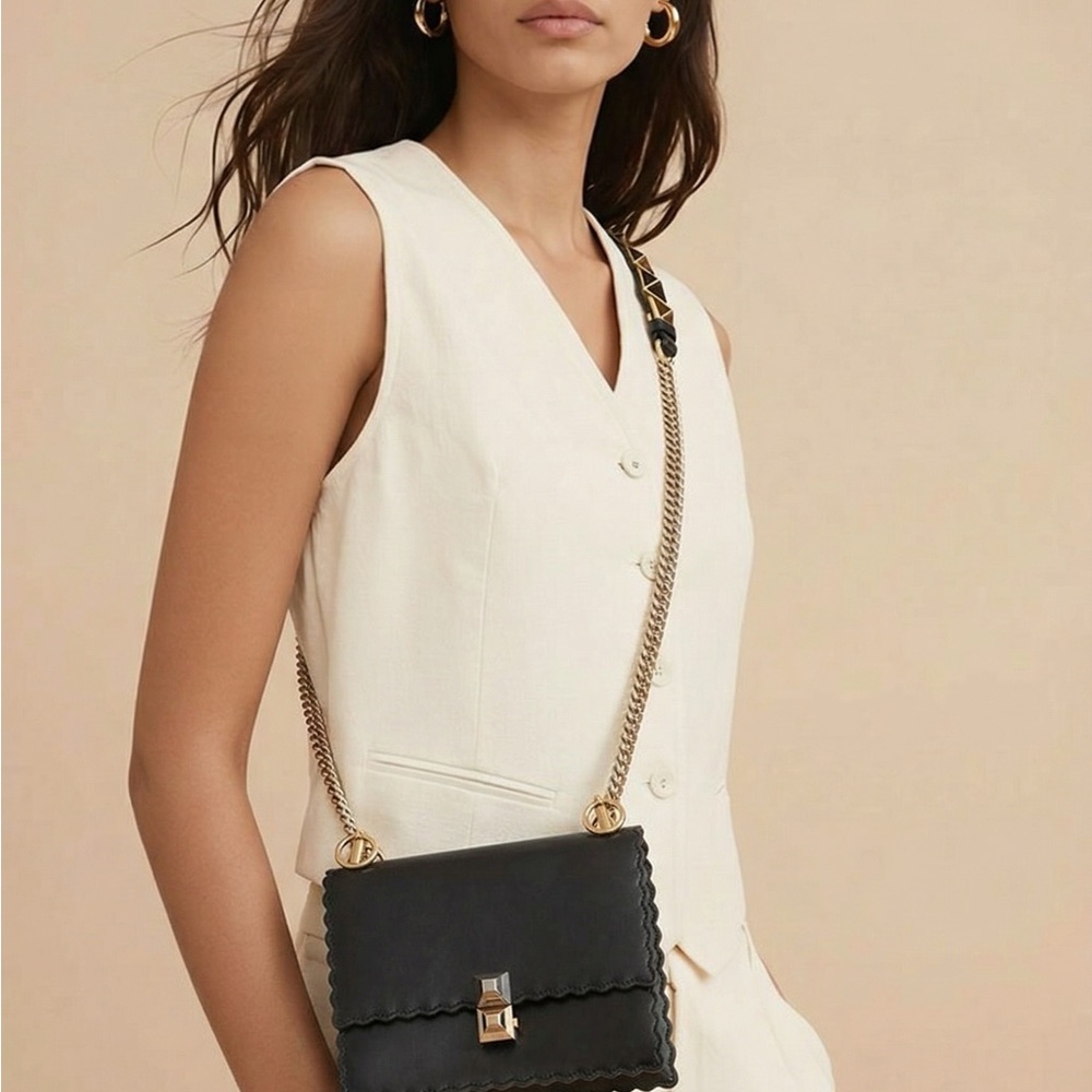 Authentic Fendi Black Leather Scalloped Crossbody Bag with Gold Chain